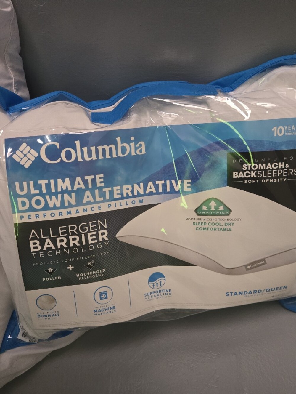 Columbia Ultimate Down Alternative Pillow - White with Blue Trim Packaging